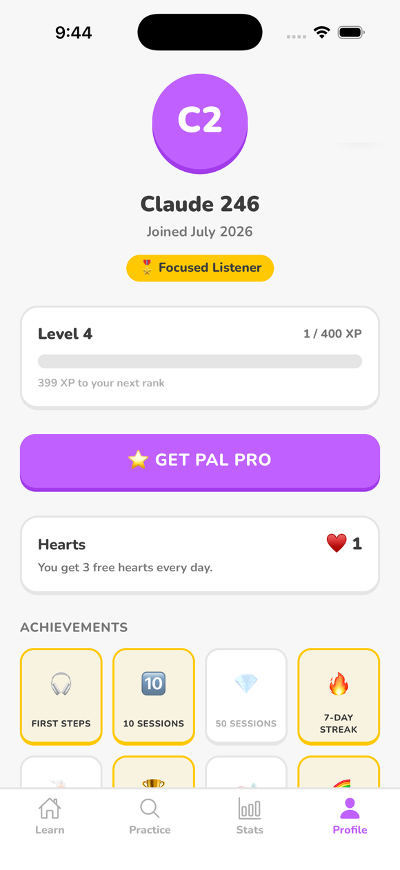 PAL profile screen showing level, hearts and achievements
